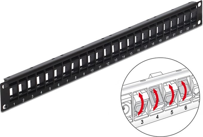 19'' Patch Panel 1U met draaibare poorten voor 24 Keystone modules / zwart