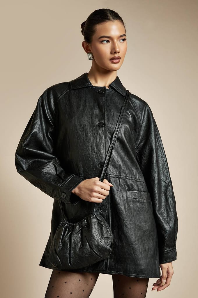 boohoo Dames Faux Leather Jacket met Tas | Black | Maat: 10