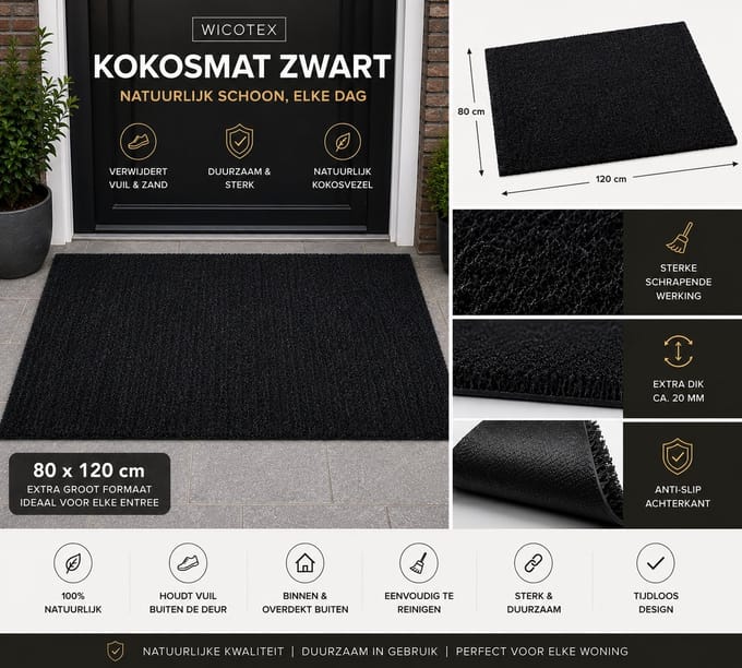 Wicotex - Deurmat - kokosmat - Kleur zwart - Afmeting 80x120cm
