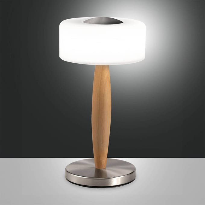 Fabas Luce Elea LED tafellamp, nikkelkleurig, hoogte 29 cm, glas, hout