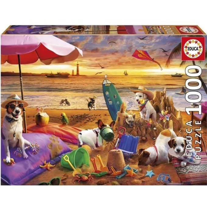 Puzzle - EDUCA - Chiens Jouant a la Plage - 1000 pieces - 68 x 48 cm - a partir de 12 ans