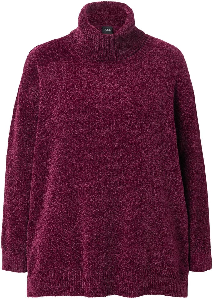 Ulla Popken - Dames - Chenille pullover oversized opstaande kraag lange mouwen - Donker wijnrood - Maat 54+