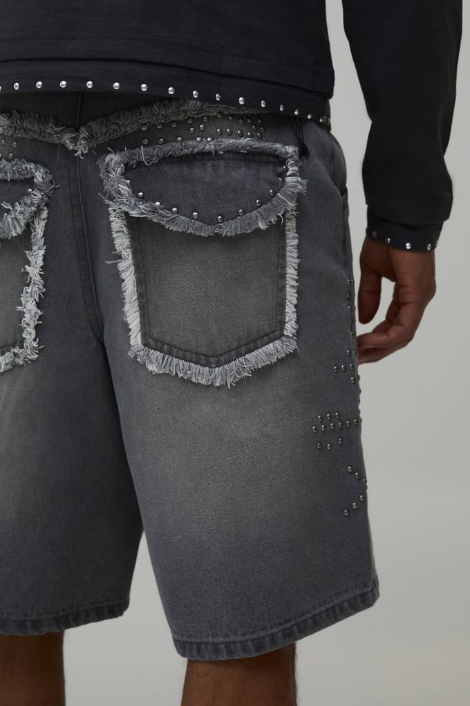 Wijde Stijve Versierde Distressed Denim Shorts Met Zakdetail | Grey | Size 36