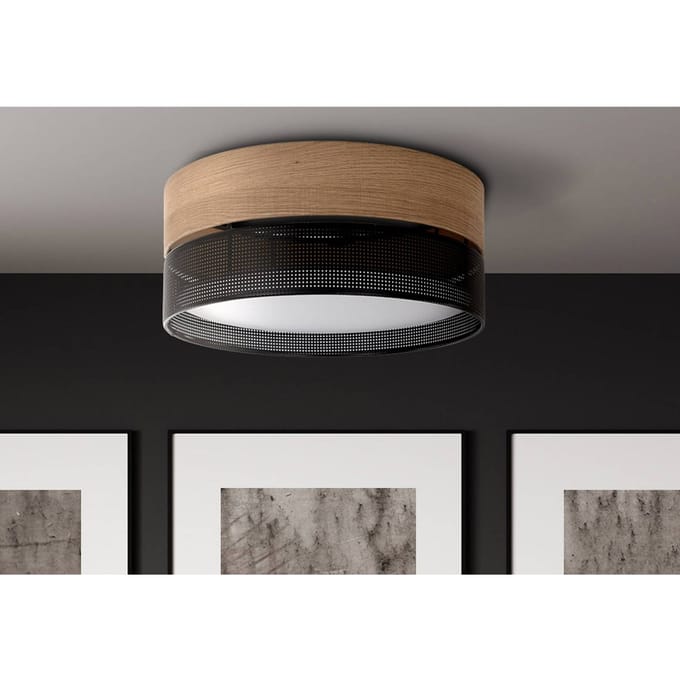 TK Lighting Nicol plafondlamp, zwart, houtlook, Ø 50 cm, 4 x E27