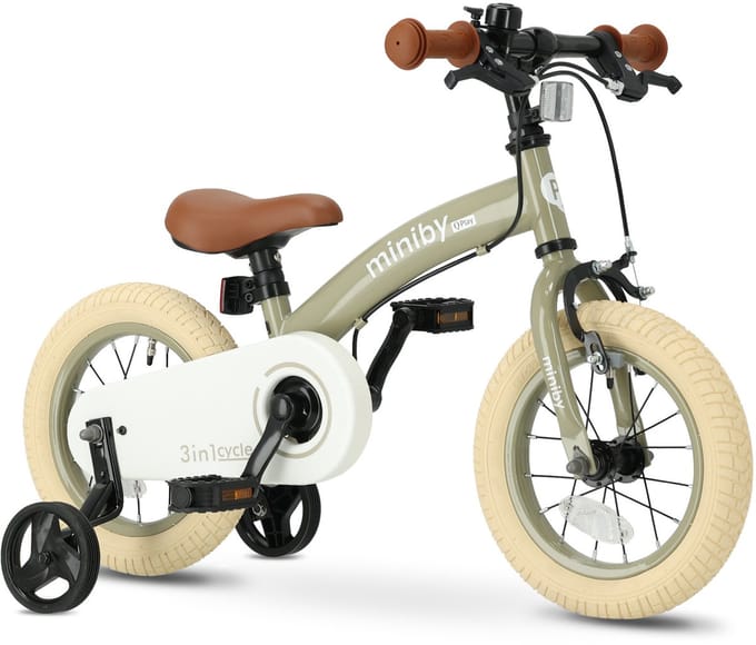 Qplay Miniby Luxe Kinderfiets 12 inch - 3 in 1 Loopfiets - Olijfgroen