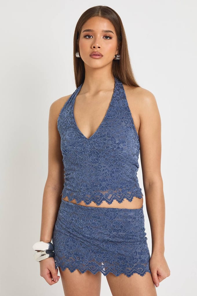 boohoo Dames Minirok met geflockte kant en gekrulde zoom | Blauw | Maat: 36