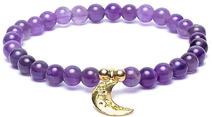 Armband amethist elastisch met maan bedel