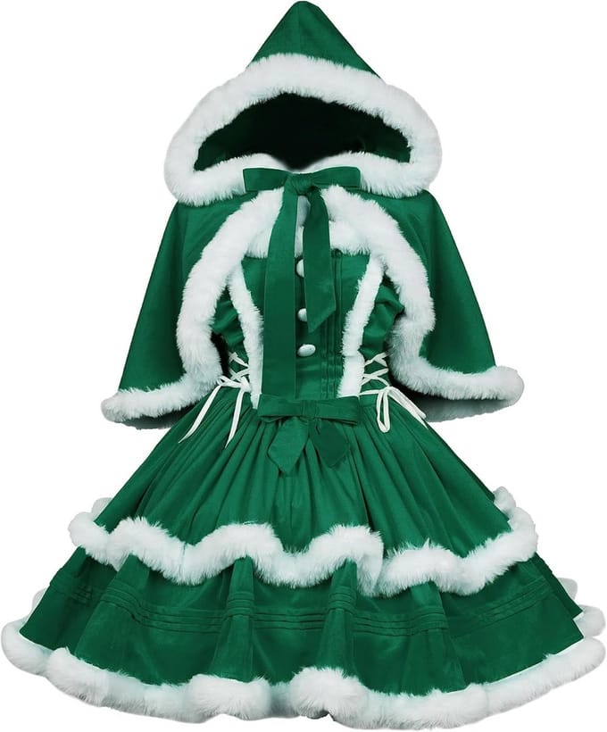 Kerstjurk Dames Feestjurk Plus Cape Fluwelen Lolita Stijl