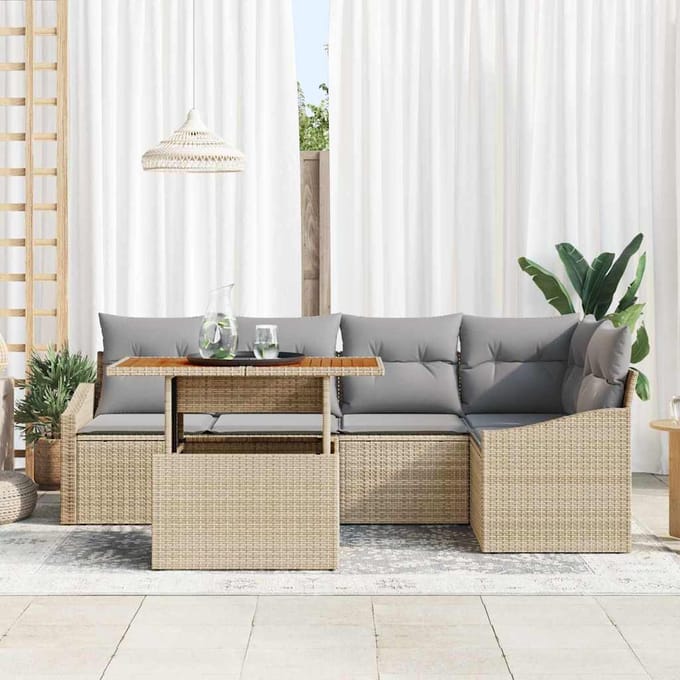 vidaXL Tuin Eettafel Set met kussen 6 pcs Beige en Grijs
