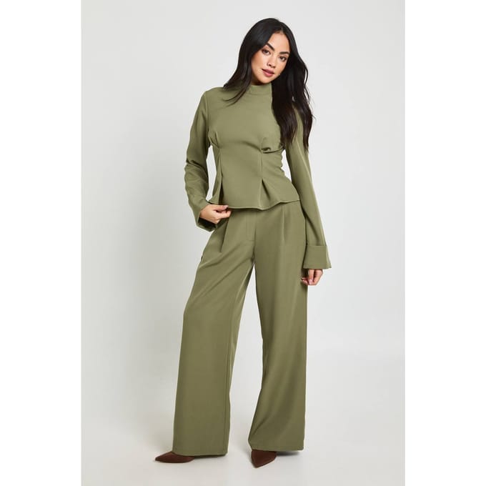 boohoo Dames Wijde Broek met Zakdetails | Dark Olive | Maat: 6