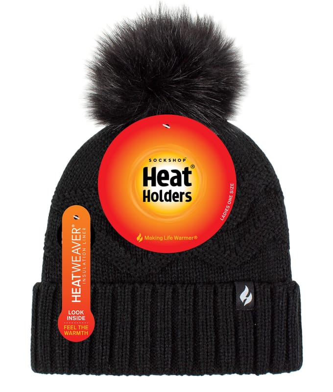 Heat Holders Dames Winter Bont Pom Pom Beanie Muts - Zwart