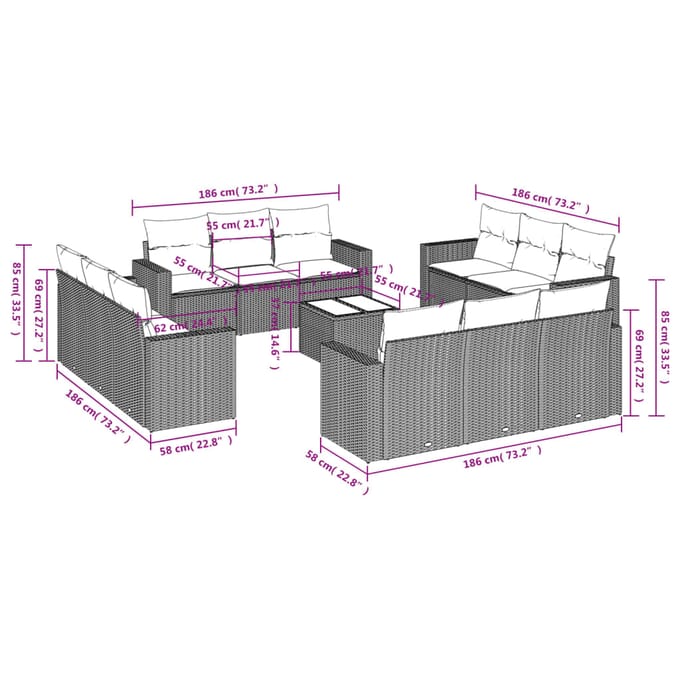 vidaXL - 13-delige - Loungeset - met - kussens - poly - rattan - grijs