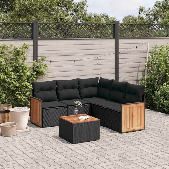 vidaXL - 6-delige - Loungeset - met - kussens - poly - rattan - zwart