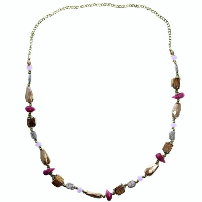 Behave - Lange ketting dames - goudkleur paars hout - boho stijl