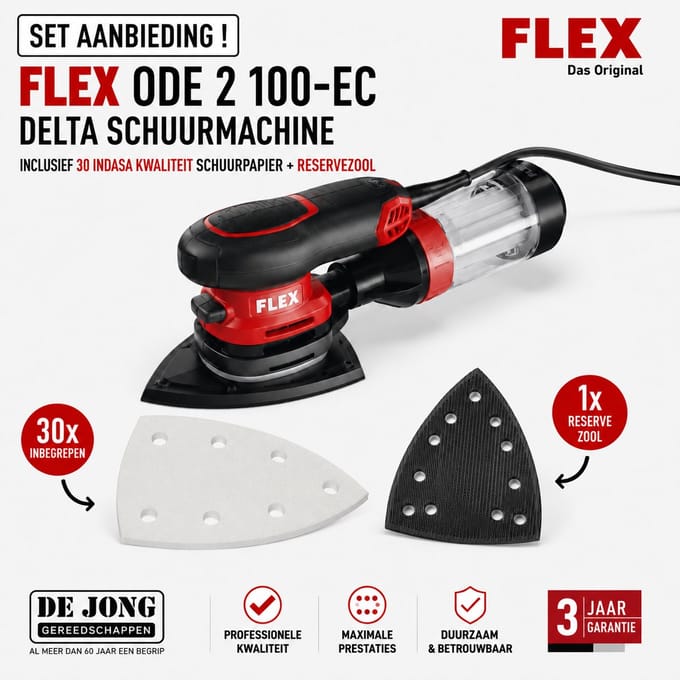 Flex ODE 2 100-EC Delta schuurmachine inclusief 30 vel schuurpapier plus reserven zool (Set Aanbieding)