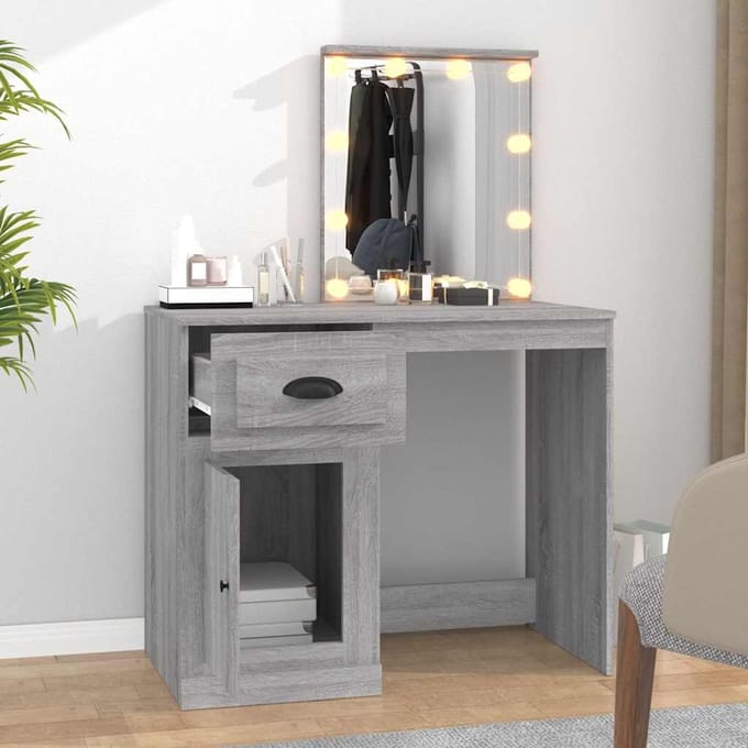vidaXL - Kaptafel - met - LED - 90x50x132,5 - cm - bewerkt - hout - grijs - sonoma - eiken