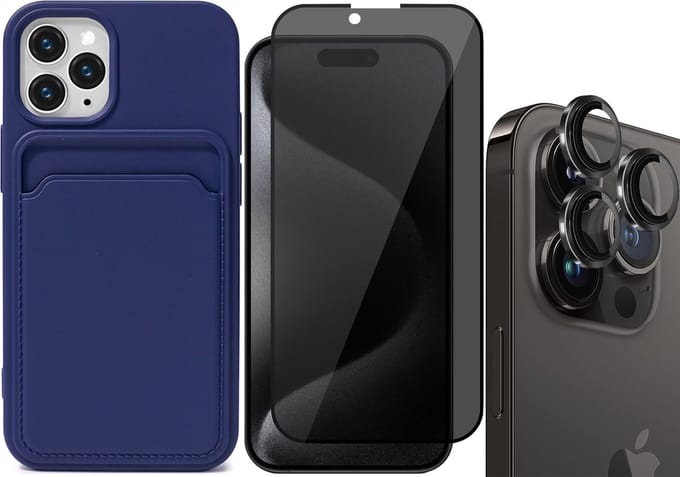 Hoesje Pasjeshouder geschikt voor iPhone 15 Pro Max - Privacy Screenprotector FullGuard + Camera Lens Screen Protector Zwart - Siliconen Case Back Cover Blauw