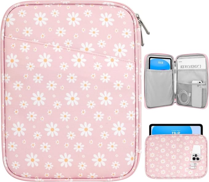 Tablet Sleeve Tas voor 9-11 inch Tablets, Geschikt voor iPad, Galaxy Tab en reMarkable - Roze Witte Daisy Ontwerp
