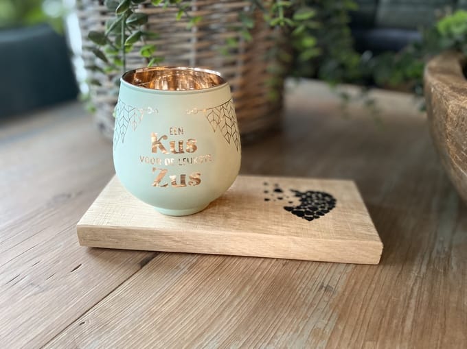 Creaties van Hier - Zus - Kaarsen - Theelichthouder met Plankje - Glas - 9,4x8,9 cm