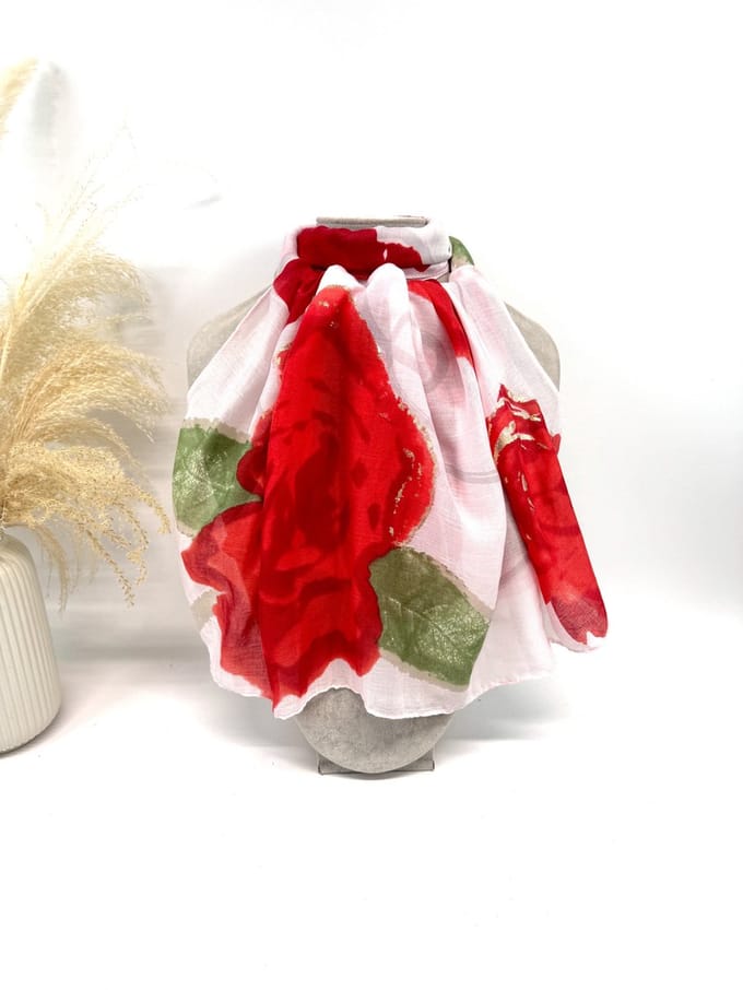 Lange dames sjaal Lizzy-gebloemd motief-rood wit groen taupe goud