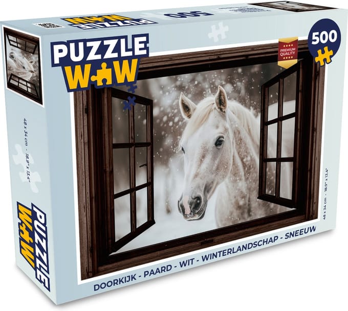Puzzel Doorkijk - Paard - Wit - Winterlandschap - Sneeuw - Legpuzzel - Puzzel 500 stukjes