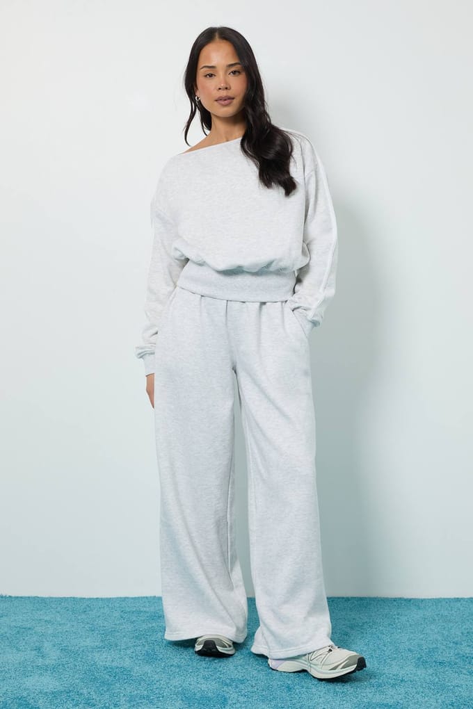 boohoo Dames Side Stripe Off Shoulder Rechte Pijp Trainingspak | Asgrijs | Maat: Small