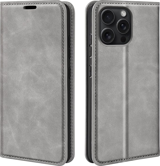 MobyDefend Hoesje - Geschikt voor iPhone 16 Pro Max - Luxe Wallet Bookcase (Magnetische Sluiting) - Grijs