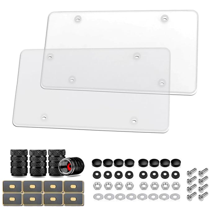 Lot de 2 protections de plaque d'immatriculation plates et transparentes, incassables, avec valve de pneu