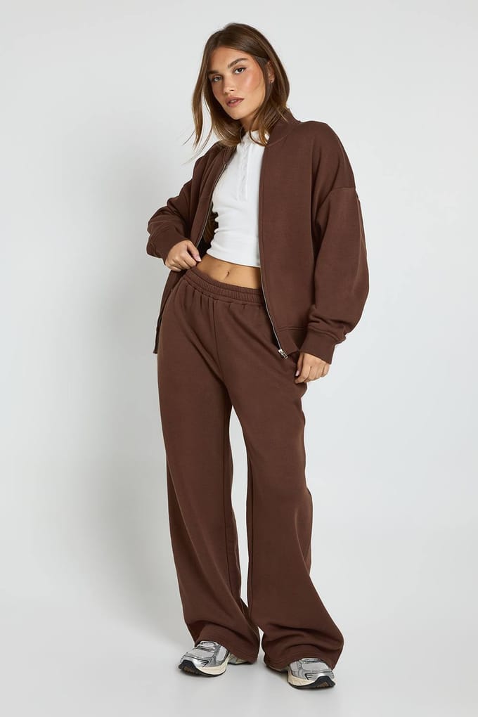 boohoo Dames Bomberjack Wide Leg Jogger Trainingspak | Chocolate | Maat: XL