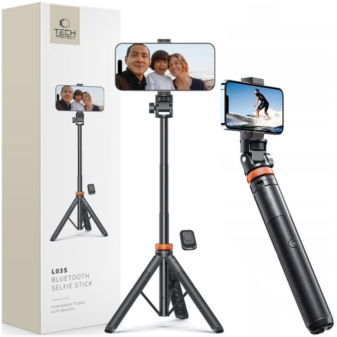 Tech-Protect L03S Bluetooth Selfie Stick with Remote Control Tripod up to 148cm and 180 Head - Black