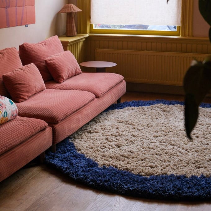 Rond hoogpolig vloerkleed Pilo beige/blauw polyester Interieur05 - Rond 200 Ø - (L)