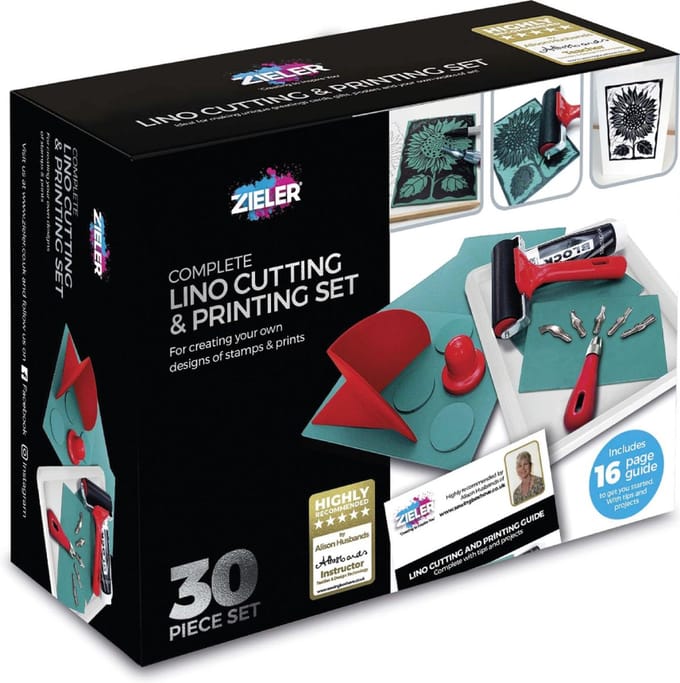 Zieler Complete Linoleum Starterset - 30 delig - Lino Snij & Print Set - Inclusief Platen, Gutsen & Roller - Met Handleiding