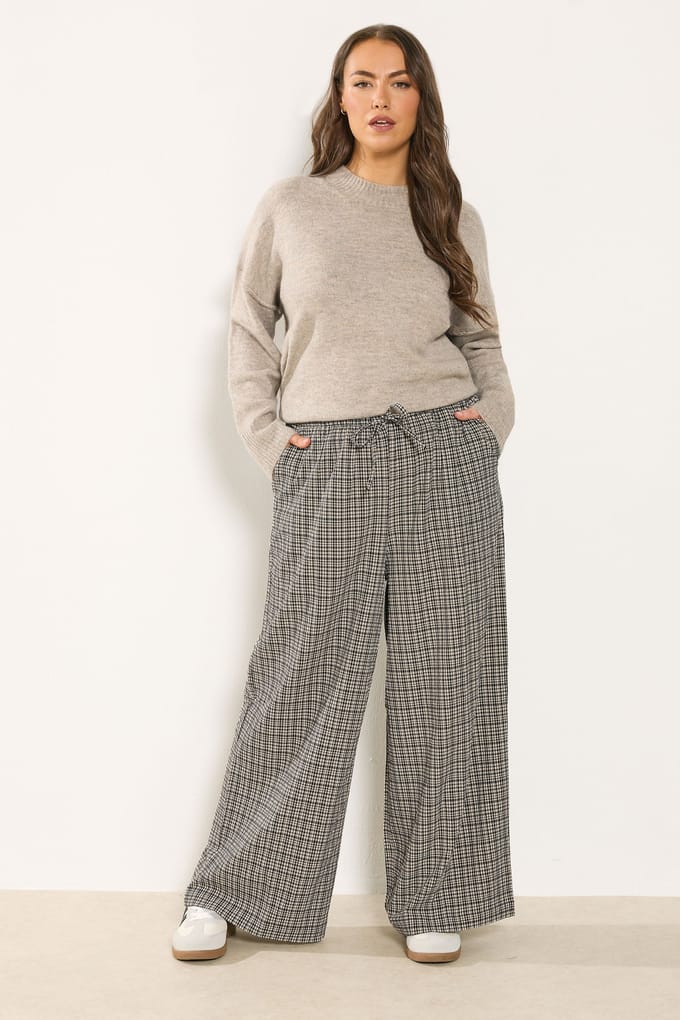 Yours Crèmekleurige Geruite Broek Met Wijde Pijpen En Textuur Size 46