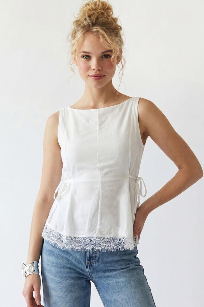 Mouwloze Poplin Blouse met Striklijn