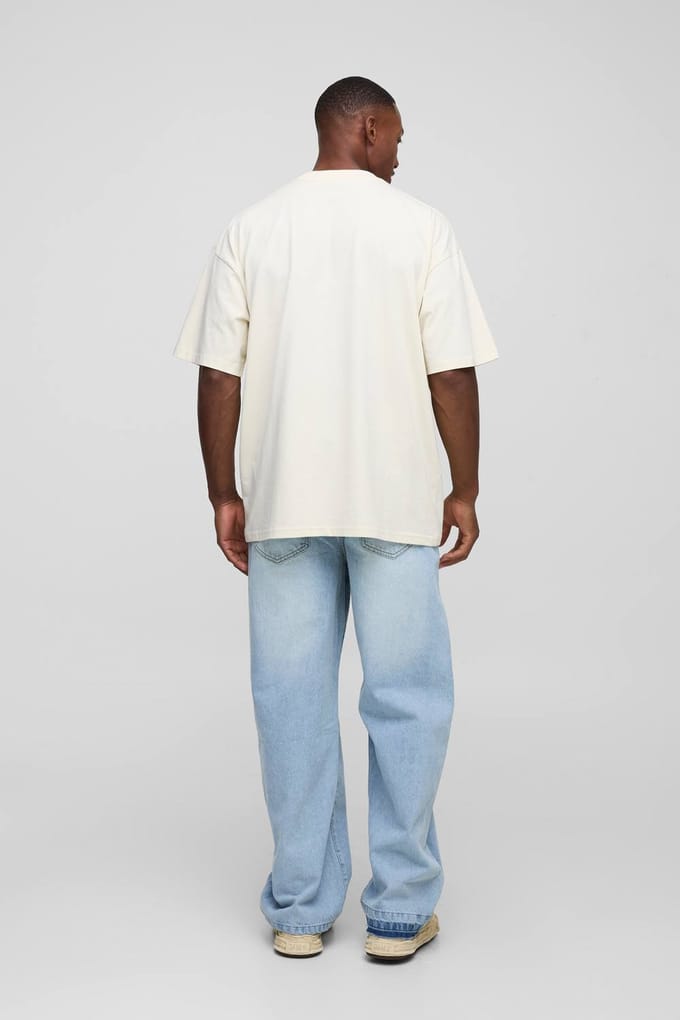 Relaxed Floral Embroidery Denim Jeans with Let Down Hem | Light Blue | Size 44R