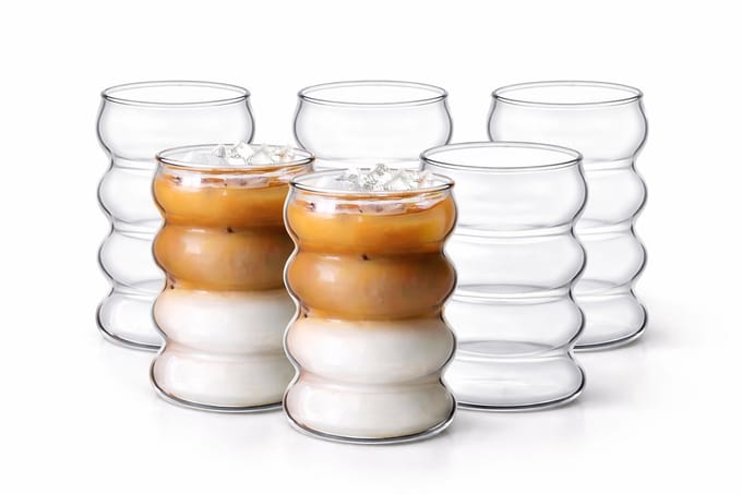 Glozini Wavy Bubbelglazen - 360ml - Set van 6 - Geribbelde Glazen - Bubble Glas - Esthetische Cocktailglazen
