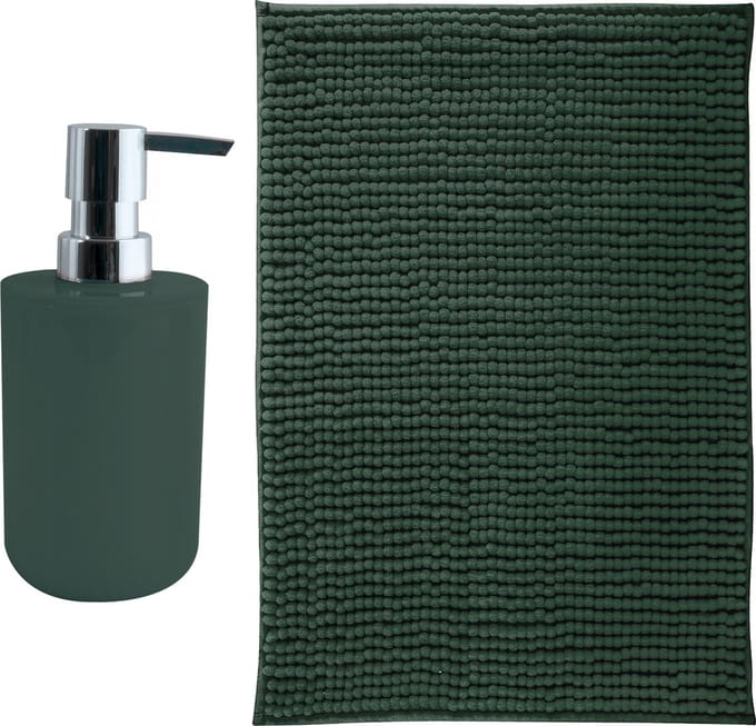 MSV badkamer droogloop mat - Milano - 40 x 60 cm - met bijpassende kleur zeeppompje - donkergroen