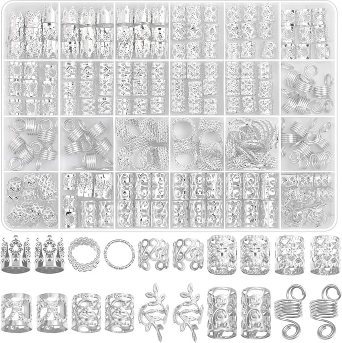 Famanu – 220-delige zilveren vlechtsieraden/dreadlock charms, ringen/cuffs/clips