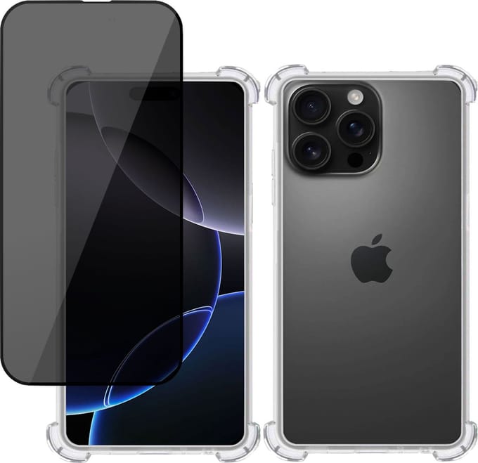 Hoesje + Privé Screenprotector geschikt voor Apple iPhone 16 Pro – Privacy Tempered Glass - Case Transparant