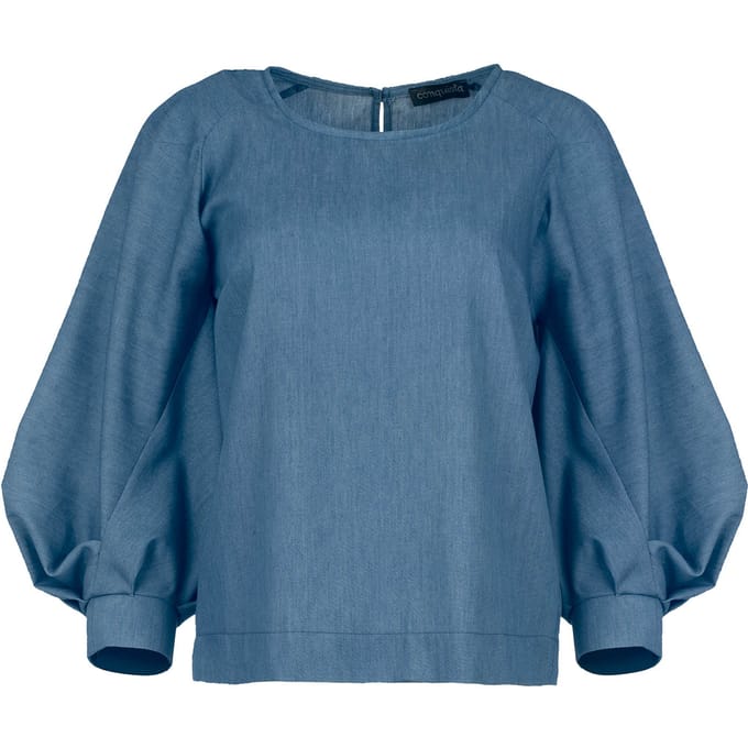 Indigo top met bisschopsmouwen