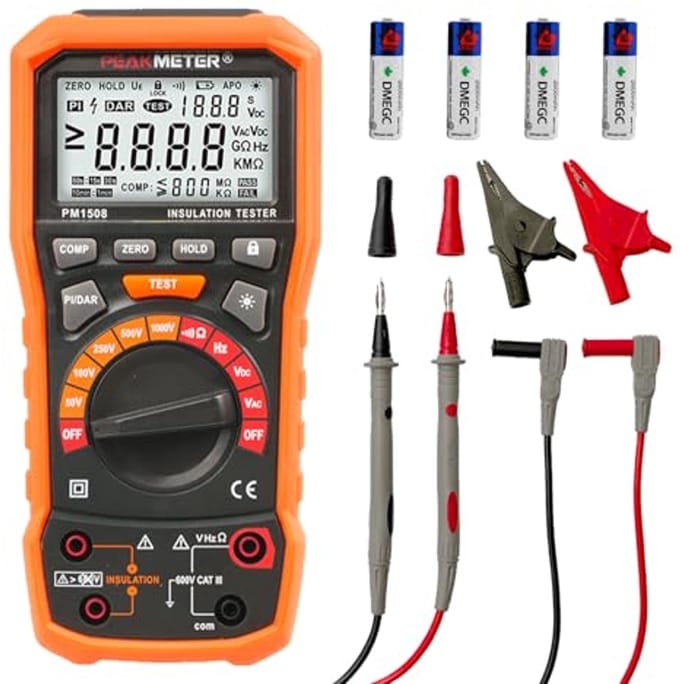 Digitale megohmmeter voor isolatieweerstand, 1000 V AC/DC, tot 100 GΩ met PI/DAR, frequentie- en laagspanningstest, groot LCD-display