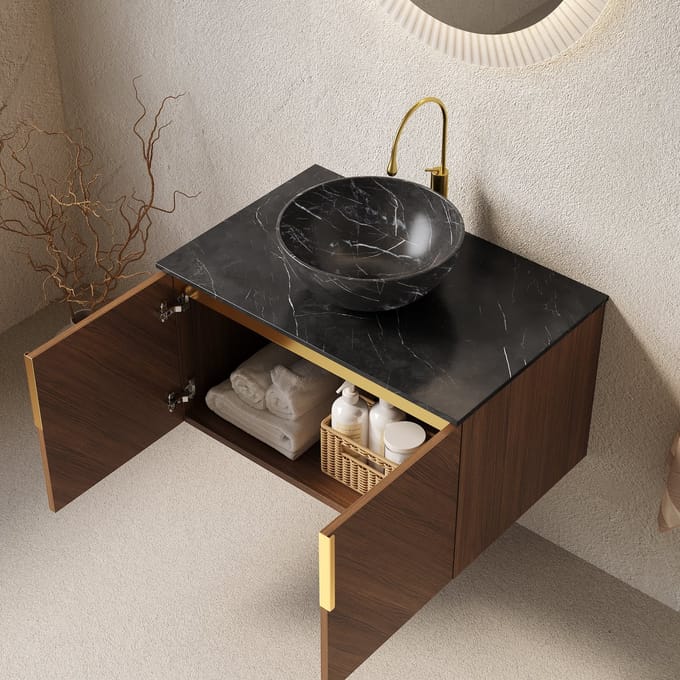 MODFU Badkamermeubel Met Keramische Wastafel - Soft-Close - Steenlook - Sintersteen En Multiplex - Zwart Bruin Eiken