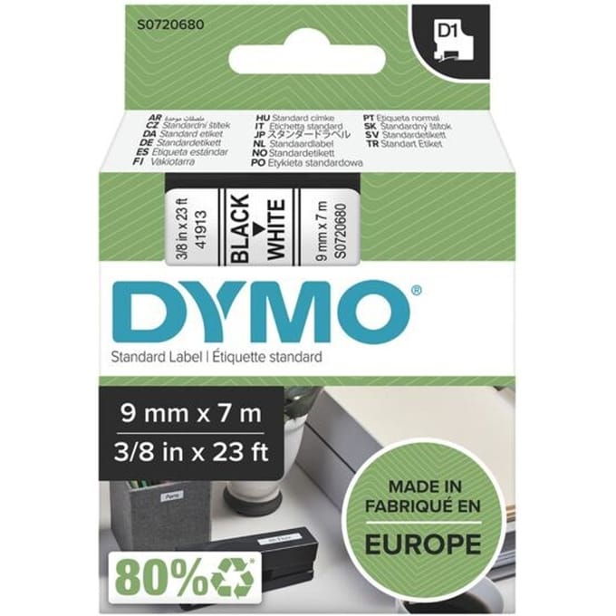 DYMO D1 Labels 9mm x 7m Roll Zwart Print on Wit Self-Adhesive Labels for LabelManager Label Printers / S0720680