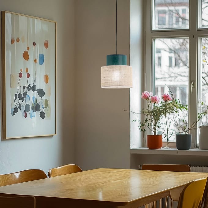 TK Lighting Duo hanglamp, jute kap, petrol/natuurbruin, Ø 20 cm