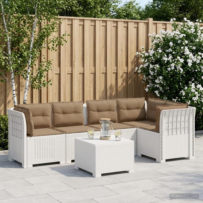 vidaXL - 5-Zits - Tuinbank - met - Kussens - Rattanlook - PP - Wit