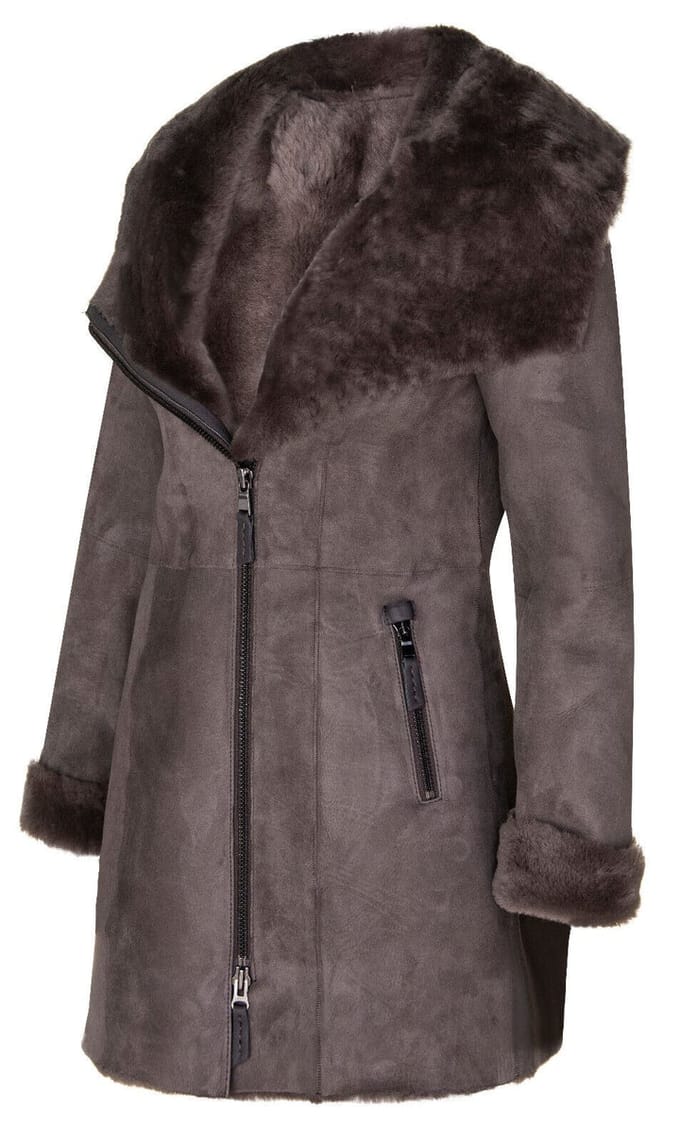 Dames merino schapenvacht jas met capuchon-antiek