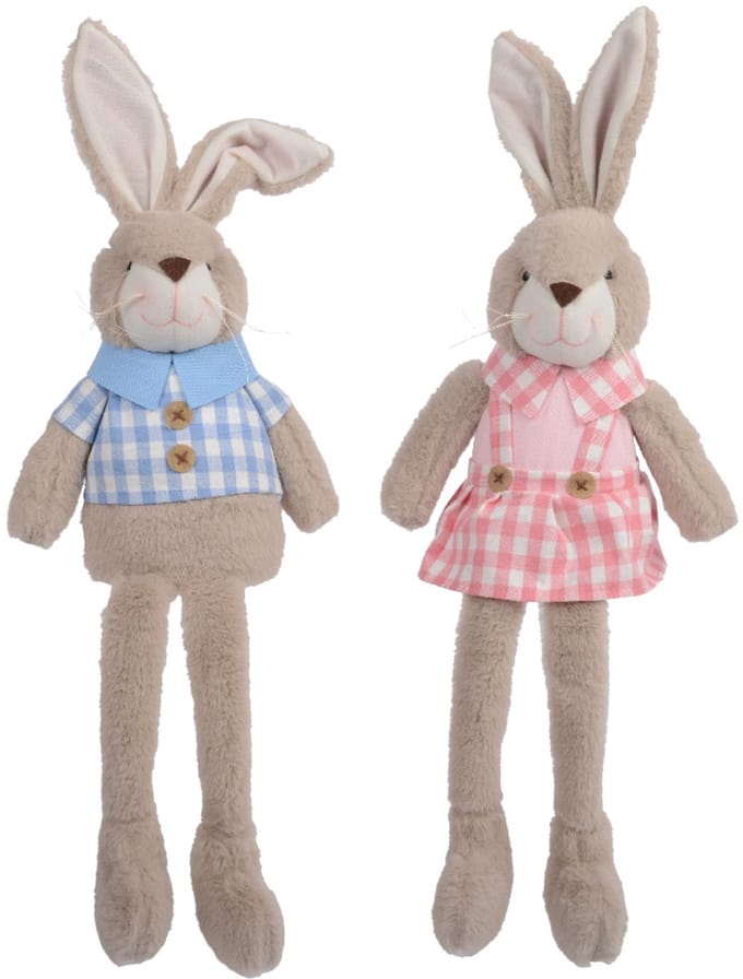 Decoris - Paaskonijnen Koppel - Set van 2 Staande Hazen Geruite Kleding - Blauw en Roze - Polyester - H58.5cm