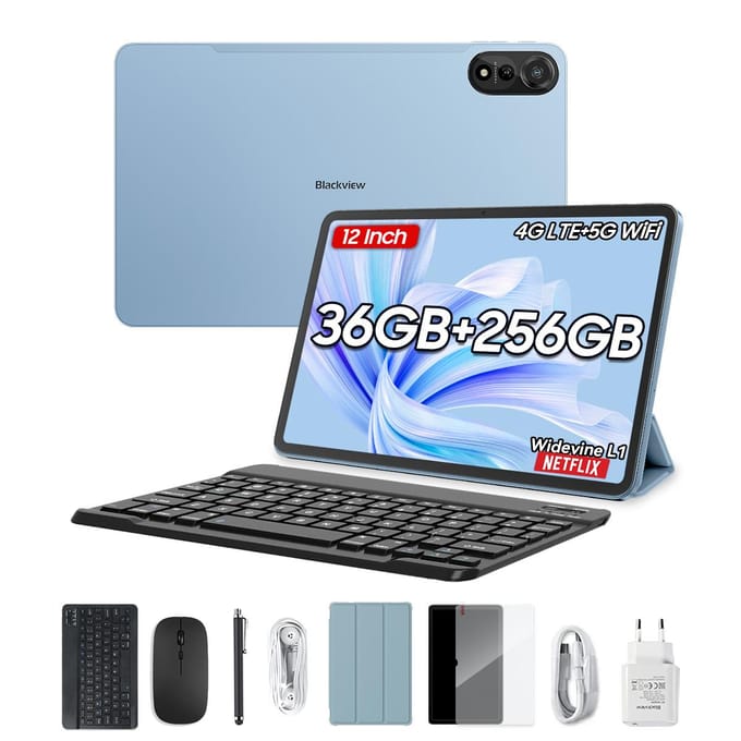 Blackview MEGA 2 Tablet Sets - 12 Inch - 36GB RAM - 256GB - 9000mAh - Android 15 - 4G LTE - Widevine L1 - Blauw