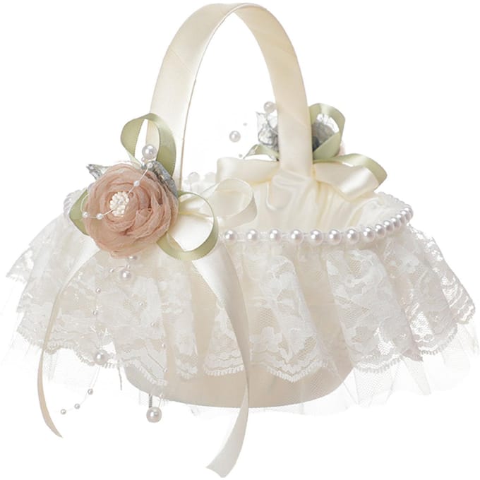 Trouwmand Kant Simulatie Bloemen Handgedragen Bloemenmand Decoratieve Bloemenmeisjesmand voor beige