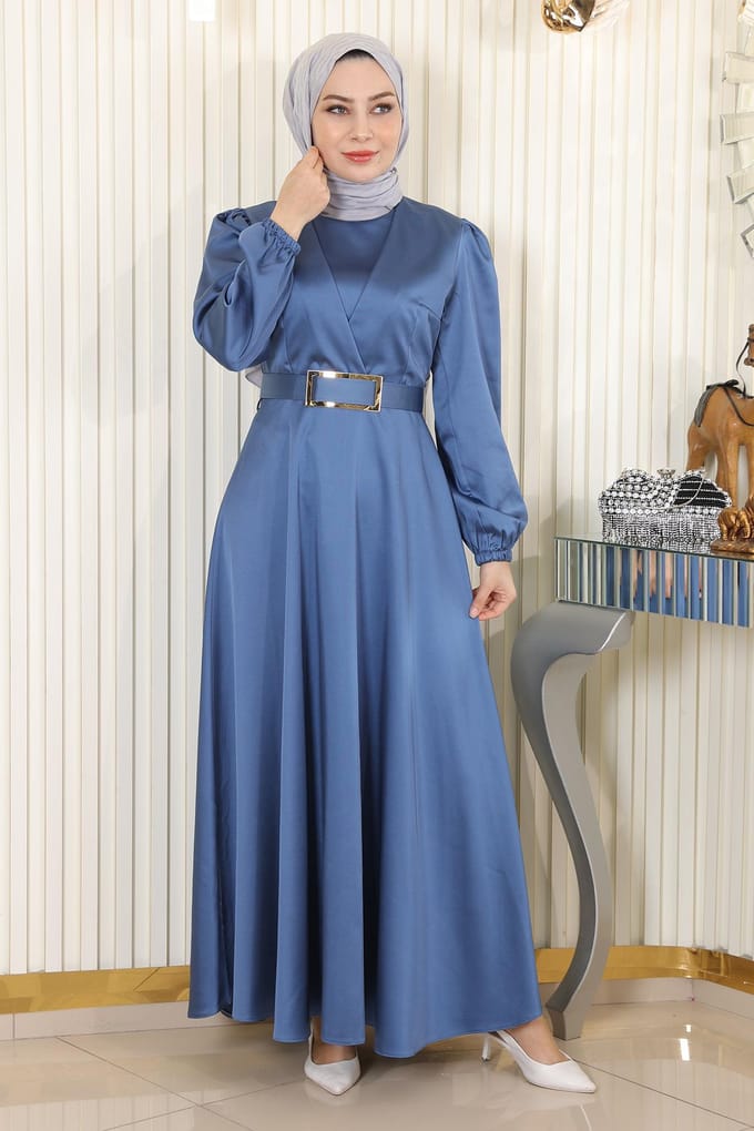 Met riem Satijn Avondjurk Blauw